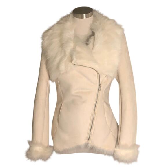 Cache Womens Jacket Faux Suede Faux Fur Size Small Cream Elegant Glam Mob Wife